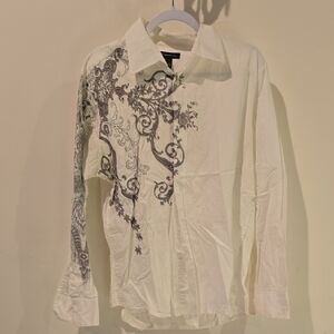 INC International Concepts White Shirt with Black Swirl Design Embrpidery